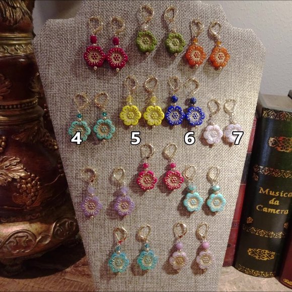 Handcrafted artisanal earrings with whimsical Czech windflowers in 12 colors - Picture 14 of 17